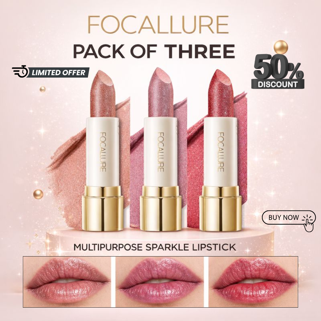 FOCALLURE Sparkle Lipstick Pack of 3 | Multi-Purpose Lipstick, Eyeshadow & Highlighter