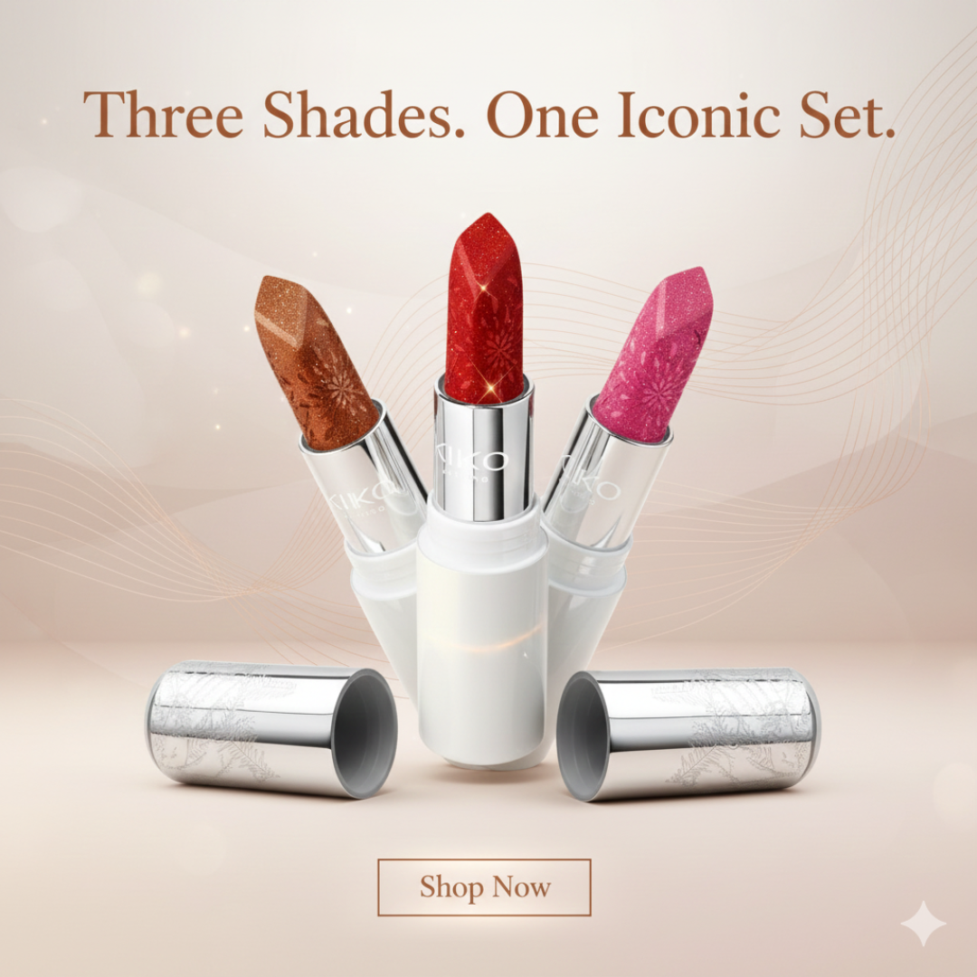 KIKO Sparkle Luxe 3-in-1 Lipstick Set | Metallic Shimmer Lipsticks | Long Lasting Creamy Formula